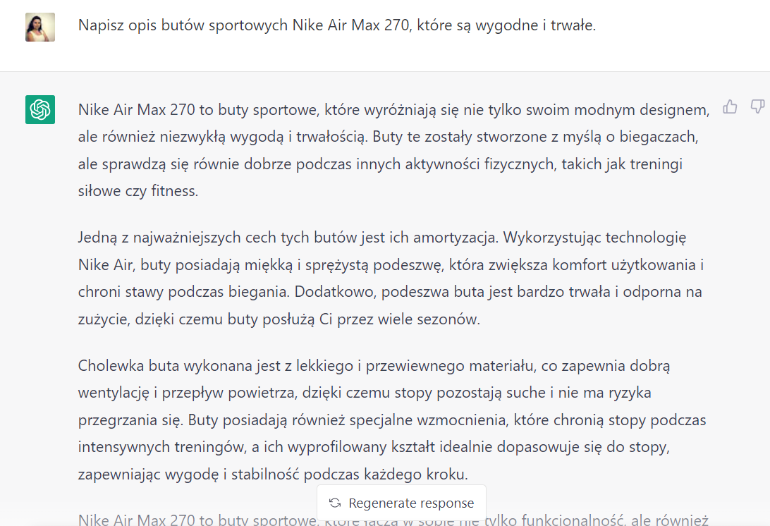  ChatGPT opis produktu buty sportowe Nike Air Max 270