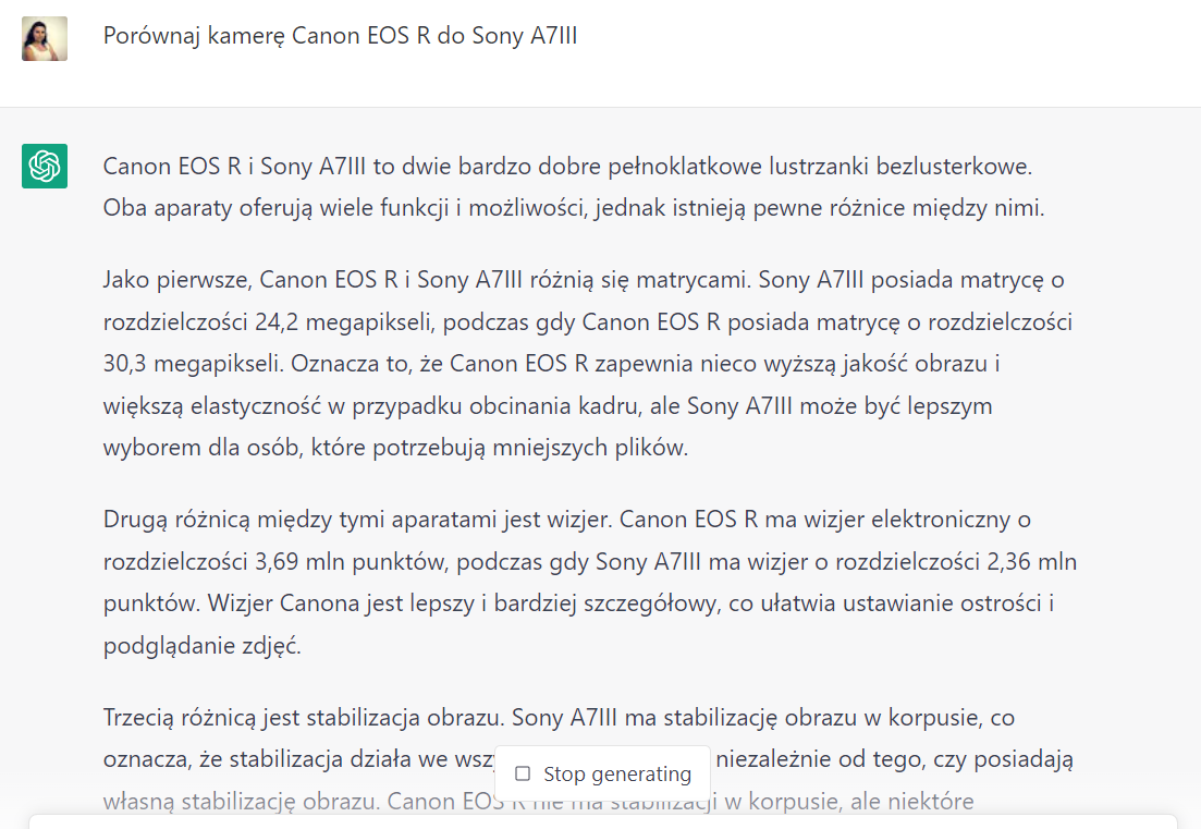  ChatGPT użycie porównania z innymi produktami: Porównaj kamerę Canon EOS R do Sony A7III.